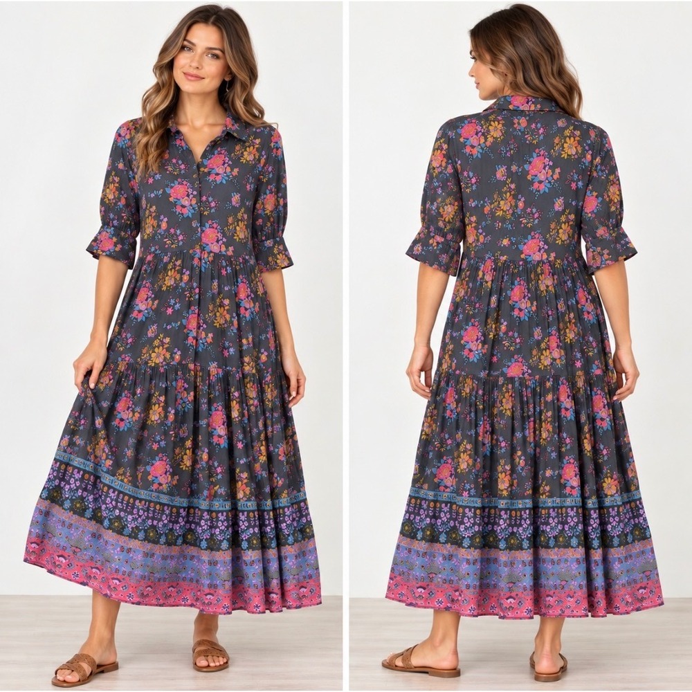 Natural Life Rebecca Midi Dress L Charcoal Blue Floral Boho Tiered Collared